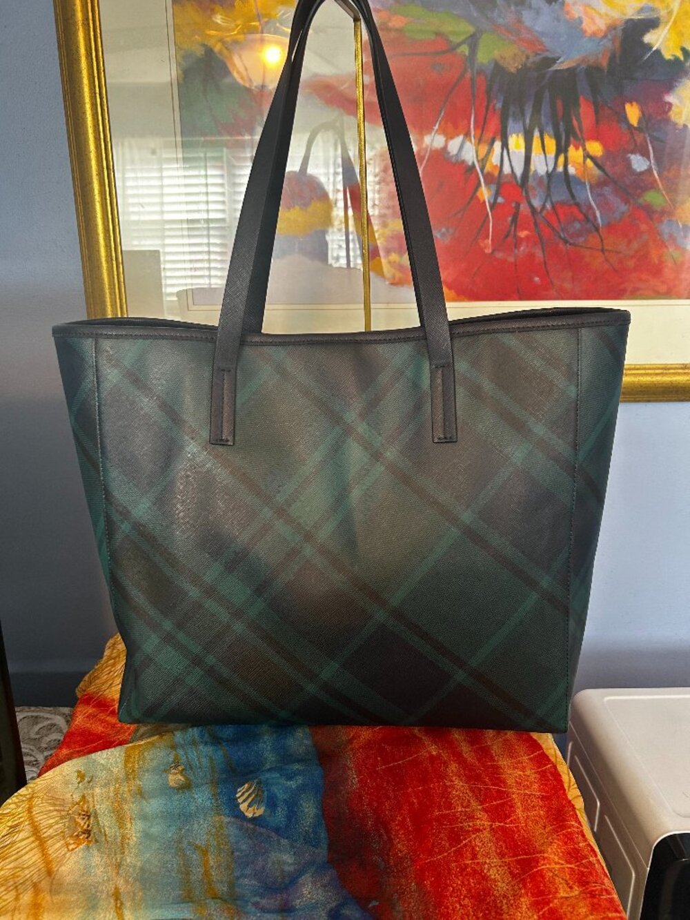 Talbots Oversized Green/Blue Tartan Plaid Tote Bag